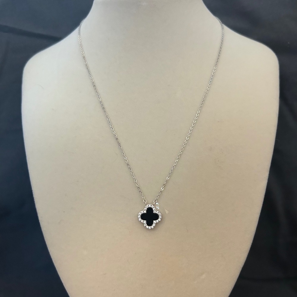 Black Agate 4 Leaf Charm Necklace Sterling Silver 925 CZ Halo Pendant 16-18in